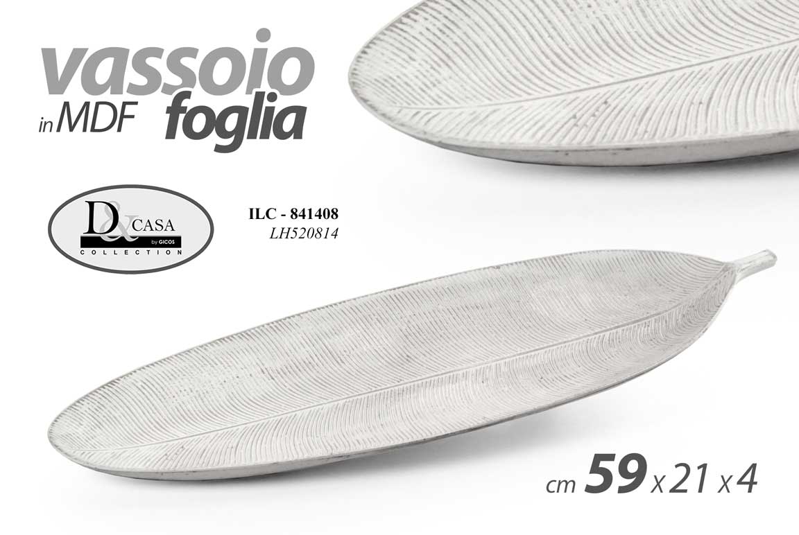 8025569841408 Vassoio foglia grande centrotavola moderno salotto cucina bianco mdf 59x21x4 cm - immagine 1