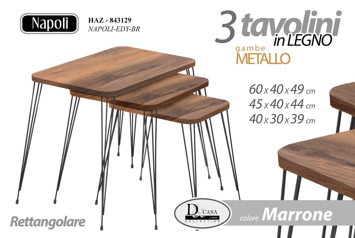 8025569843129 SET 3 TAVOLINI TAVOLO LEGNO MARRONE NOCE SALOTTO MODERNO PIEDI METALLO 49-44-39 - immagine 1