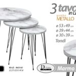 SET 3 TAVOLINI TAVOLO TONDO LEGNO MODERNO BIANCO MARMO PIEDI METALLO 49-44-39cm