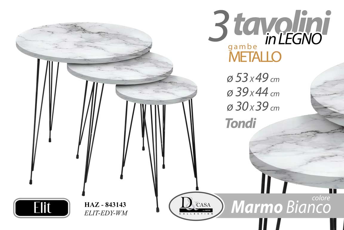 8025569843143 SET 3 TAVOLINI TAVOLO TONDO LEGNO MODERNO BIANCO MARMO PIEDI METALLO 49-44-39cm - immagine 1