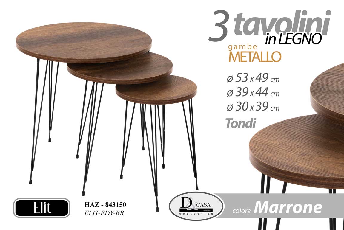 8025569843150 SET 3 TAVOLINI TAVOLO TONDO LEGNO MARRONE NOCE MODERNO PIEDI METALLO 49-44-39cm - immagine 1