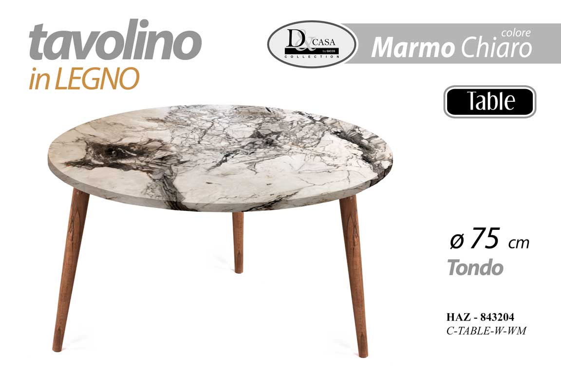 8025569843204 TAVOLO TAVOLINO BASSO CAFFè SALOTTO MODERNO PIEDI LEGNO COLOR BIANCO MARMO Ø75 - immagine 1