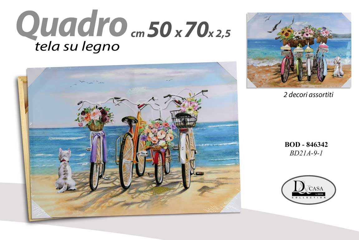 8025569846342 QUADRO STAMPA SU TELA Canvas LEGNO BICICLETTA MARE SPIAGGIA FIORI ASSORT 50*70cm - immagine 1