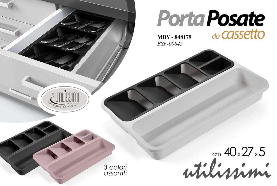 8025569848179 PORTAPOSATE DA CASSETTO MODERNO PORTA POSATE SCOMPARTI PLSTIC COLOR 40*27*5CM - immagine 1