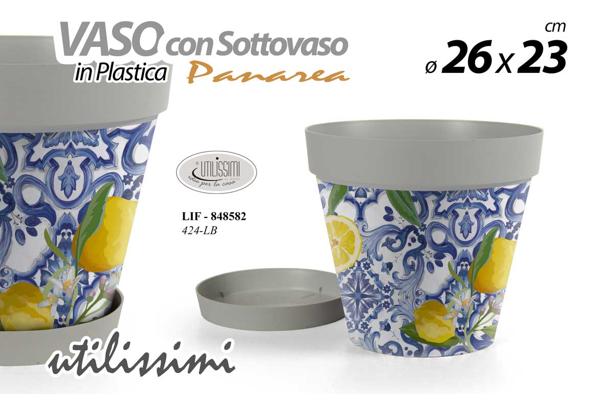 8025569848582 VASO PIANTE GRASSE FIORI SEMI VIVAI PLASTICA SOTTOVASO TONDO GRIGIO LIMONI 26*23 - immagine 1
