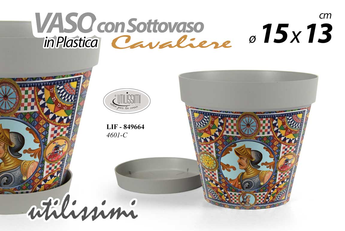 8025569849664 VASO FIORIERA + SOTTOVASO FIORI PIANTE VASETTO PLASTICA GRIGIO CAVALIERE 15*13cm - immagine 1