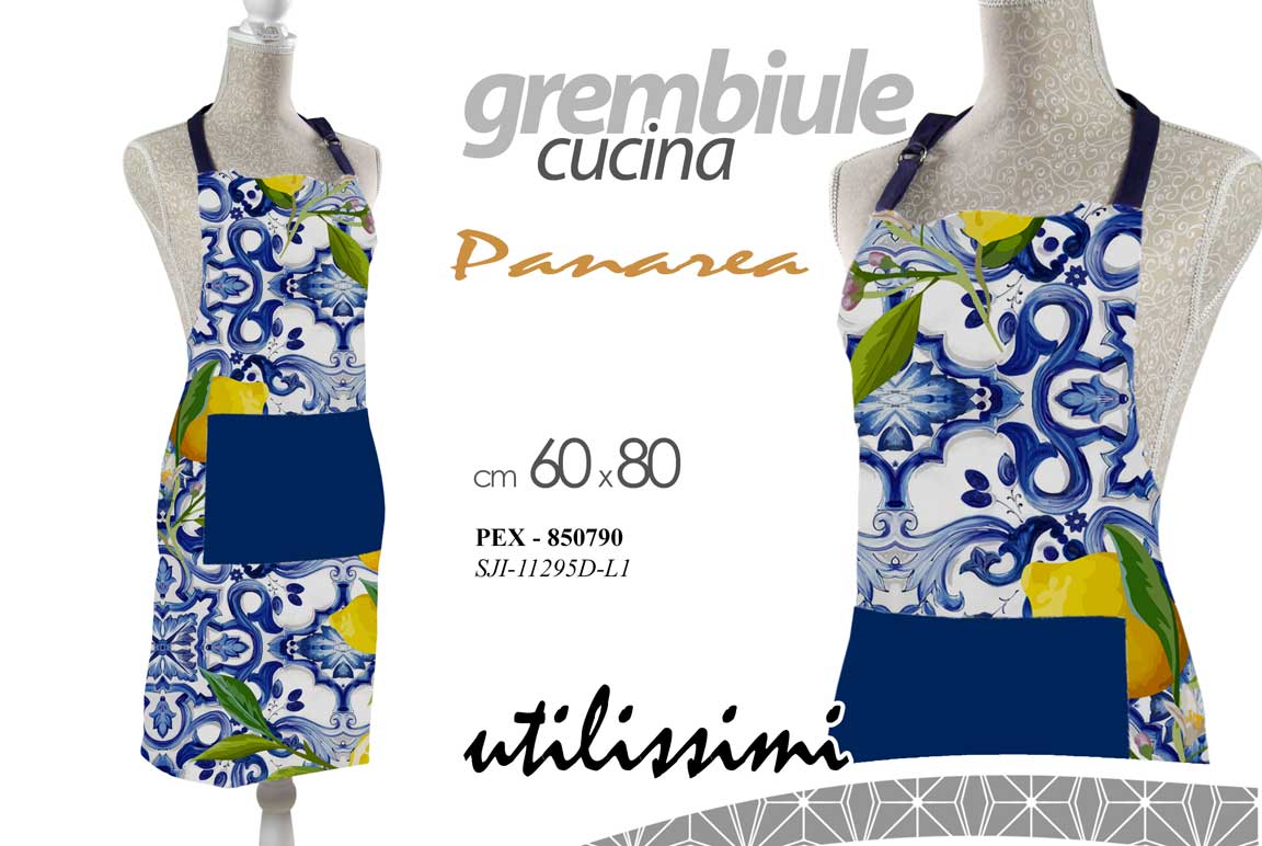 8025569850790 Grembiule cucina siciliana mediterraneo limoni azzurro pettorina tessuto 80x60 - immagine 1
