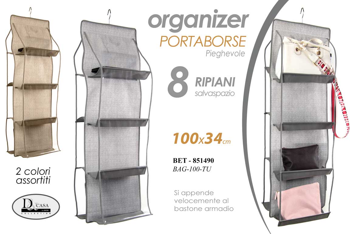 8025569851490 PORTA BORSE DA ARMADIO BASTONE Organizer Appendi BAG Salvaspazio 8 POSTI 100*34 - immagine 1