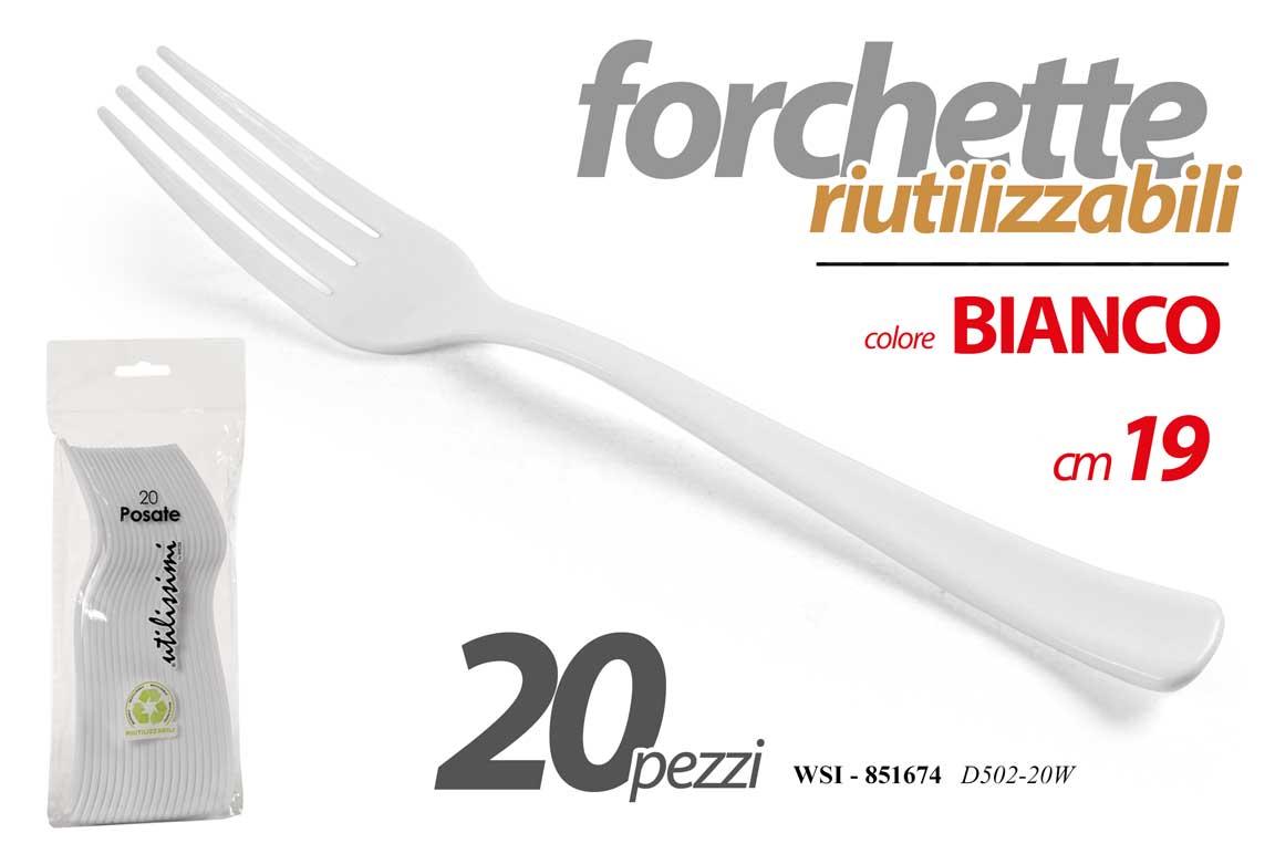 8025569851674 20 FORCHETTE RIUTILIZZABILI FESTE PARTY POSATE FORCHETTA Rigida BIANCA 19cm - immagine 1
