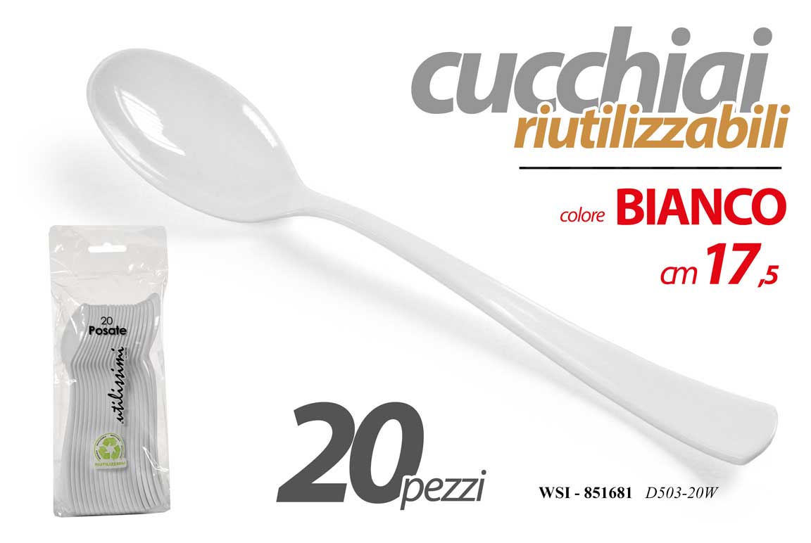 8025569851681 20 CUCCHIAI RIUTILIZZABILI FESTE PARTY POSATE CUCCHIAIO Rigido BIANCO 18cm - immagine 1