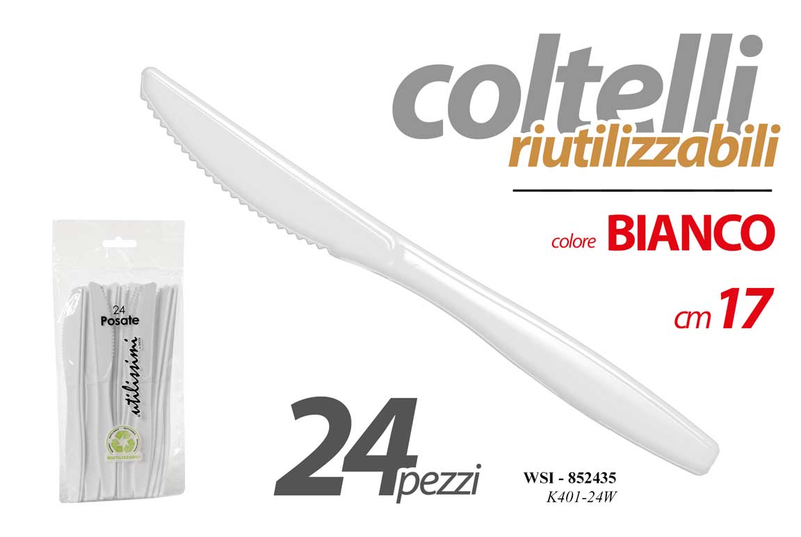 8025569852435 24 COLTELLI RIUTILIZZABILI FESTE PARTY POSATE BIANCO Rigide COLTELLO 17 cm - immagine 1