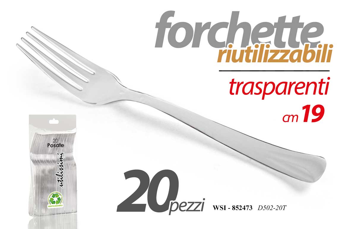 8025569852473 20 FORCHETTE RIUTILIZZABILI FESTE PARTY POSATE FORCHETTA Rigida TRASPARENTE 19cm - immagine 1