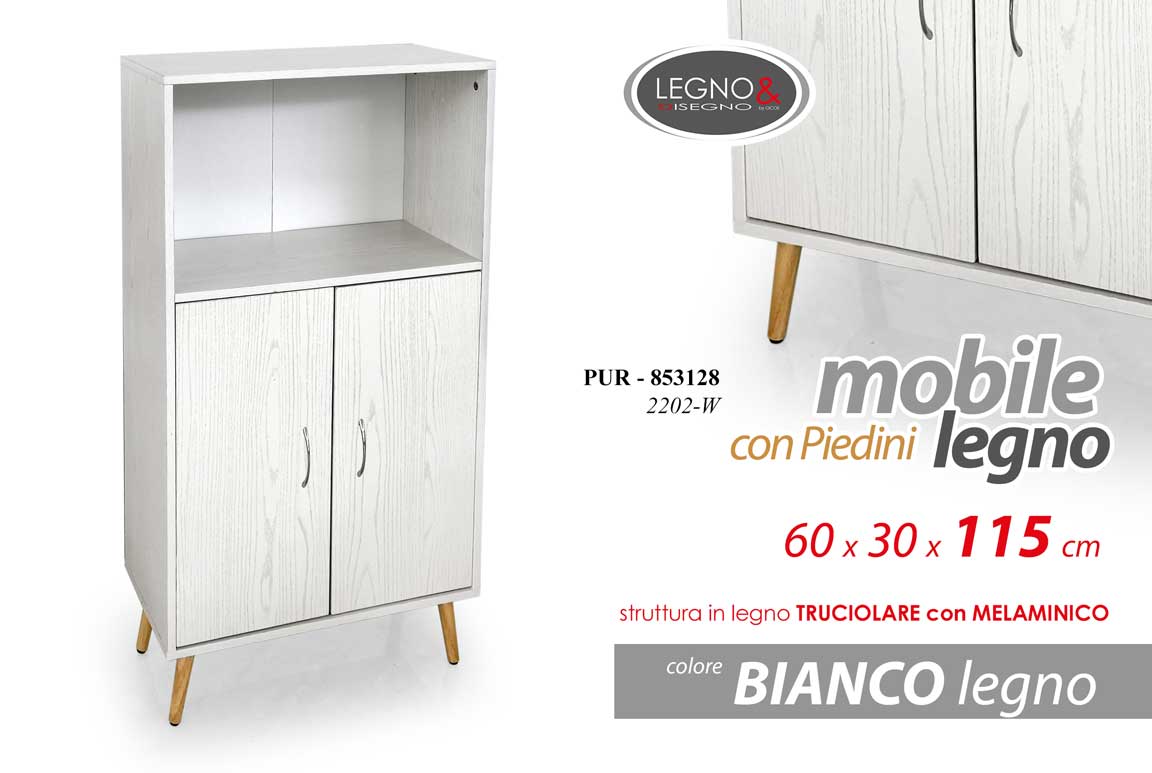 8025569853128 MOBILE ARMADIO 2 ANTE MODERNO SALOTTO CUCINA BAGNO BIANCO PIEDI LEGNO h115*60*30 - immagine 1