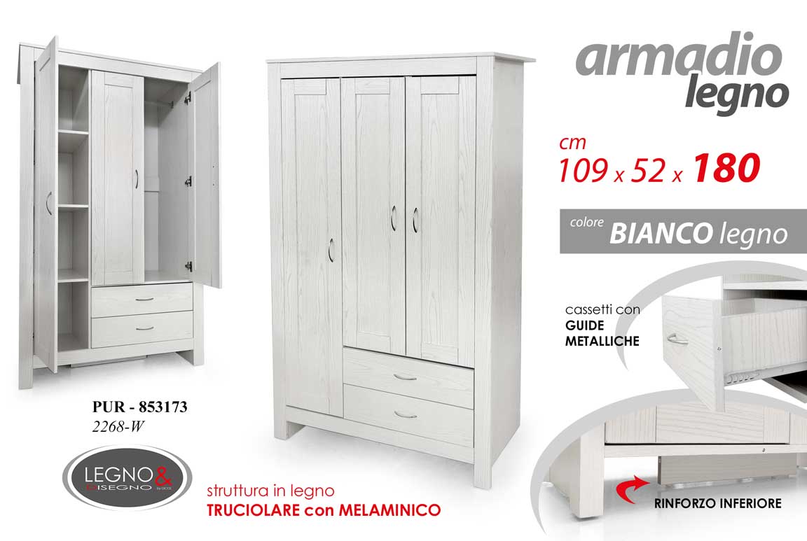8025569853173 ARMADIO MAXI GUARDAROBA MODERNO 3 ANTE Appendiabiti BIANCO LEGNO 180*109*52 - immagine 1