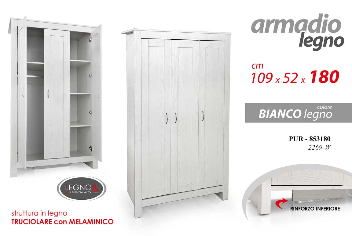 8025569853180 Armadio Guardaroba Moderno 3 Ante battenti Appendiabiti BIANCO 109*52*H180 CM - immagine 1