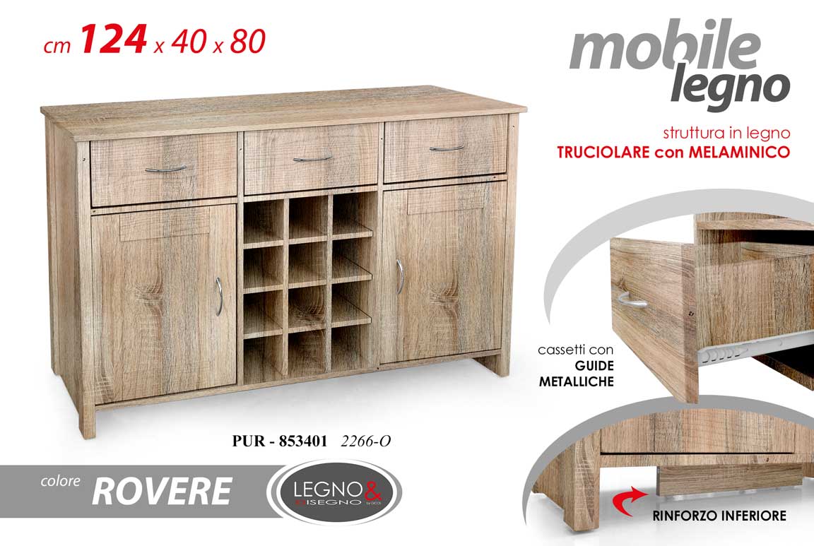 8025569853401 MOBILE SALOTTO CUCINA UFFICIO ANTE RIPIANI CASSETTI ROVERE 124*40*H80CM - immagine 1