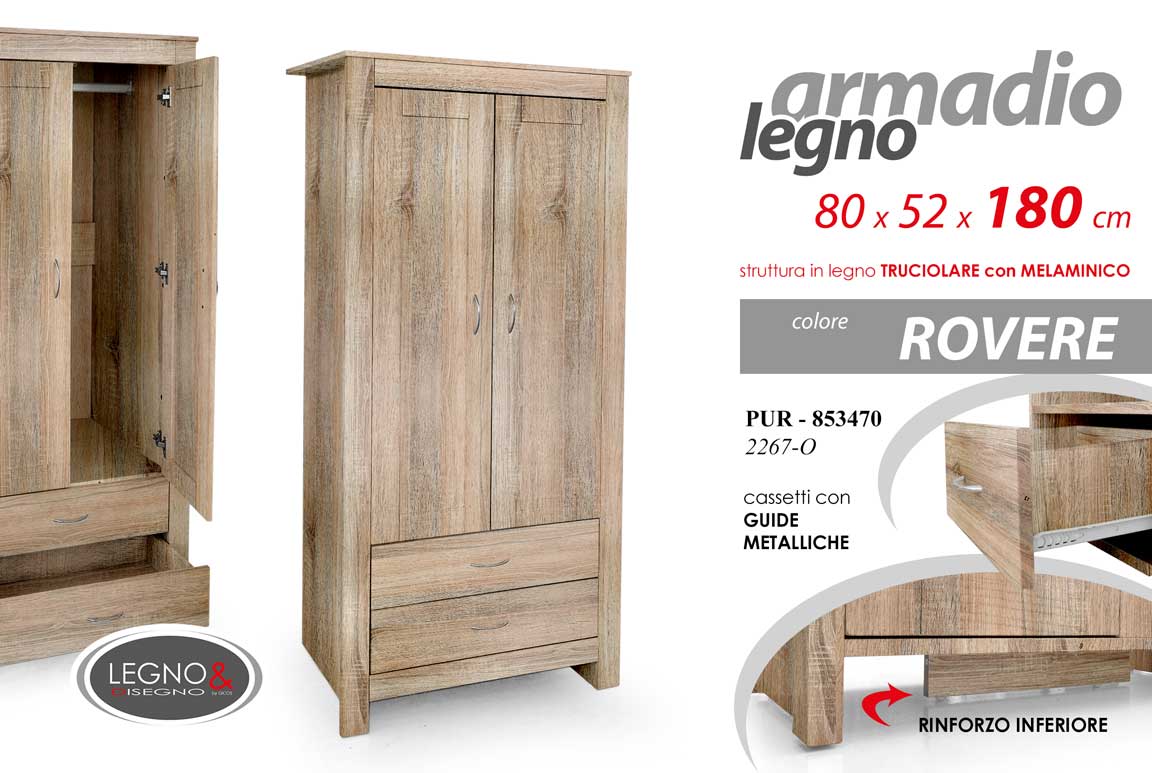 8025569853470 ARMADIO LEGNO 2 ANTE 2 CASSETTI GUARDAROBA MODERNO ROBUSTO ROVERE H180*L80*P52cm - immagine 1
