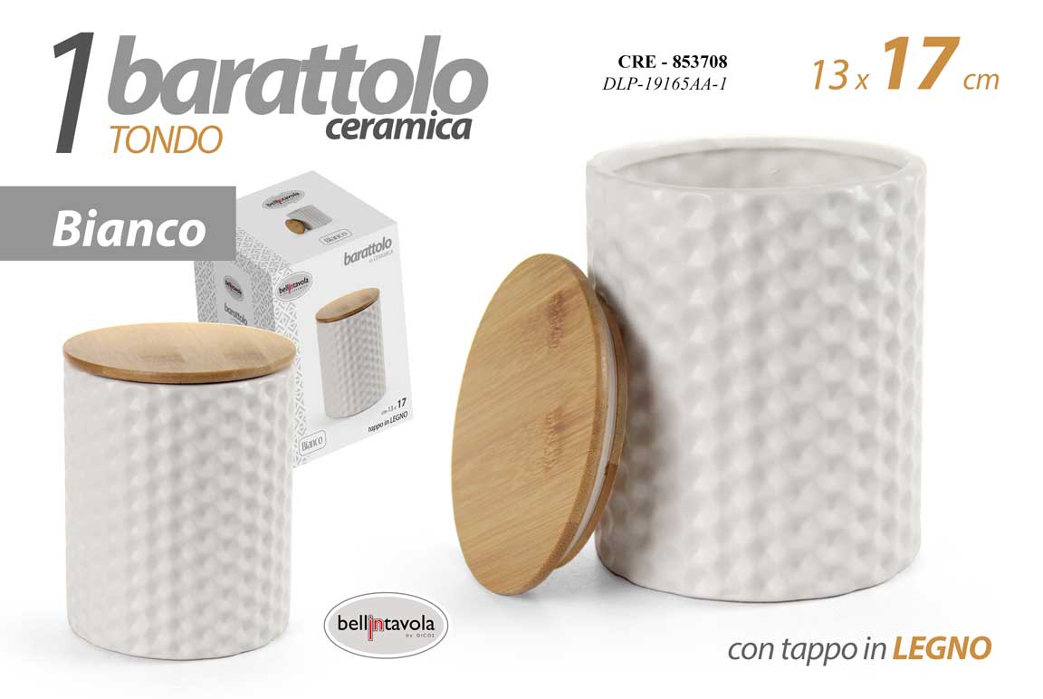 8025569853708 BARATTOLO CERAMICA BIANCA ERMETICO MODERNO TAPPO LEGNO CUCINA RILIEVO 17*13 cm - immagine 1