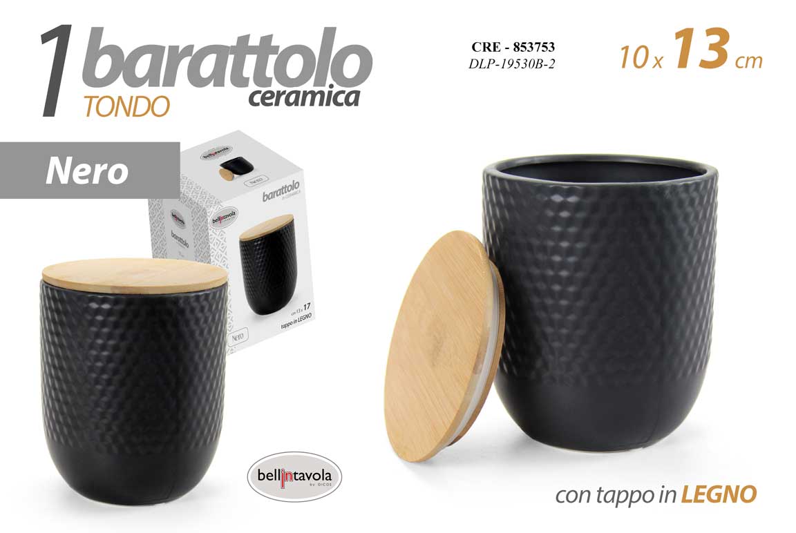 8025569853753 BARATTOLO NERO ERMETICO CERAMICA MODERNO TAPPO LEGNO CUCINA OV 13*10 cm - immagine 1