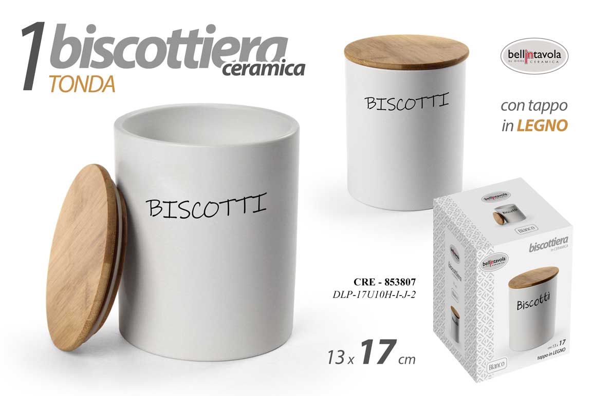 8025569853807 BISCOTTIERA CERAMICA CONTENITORE BISCOTTI TAPPO LEGNO ERMETICO TONDA 17*13 cm - immagine 1