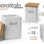 BARATTOLO SALE QUADRATO CERAMICA BIANCA TAPPO LEGNO ERMETICO MODERNO 13*10 cm