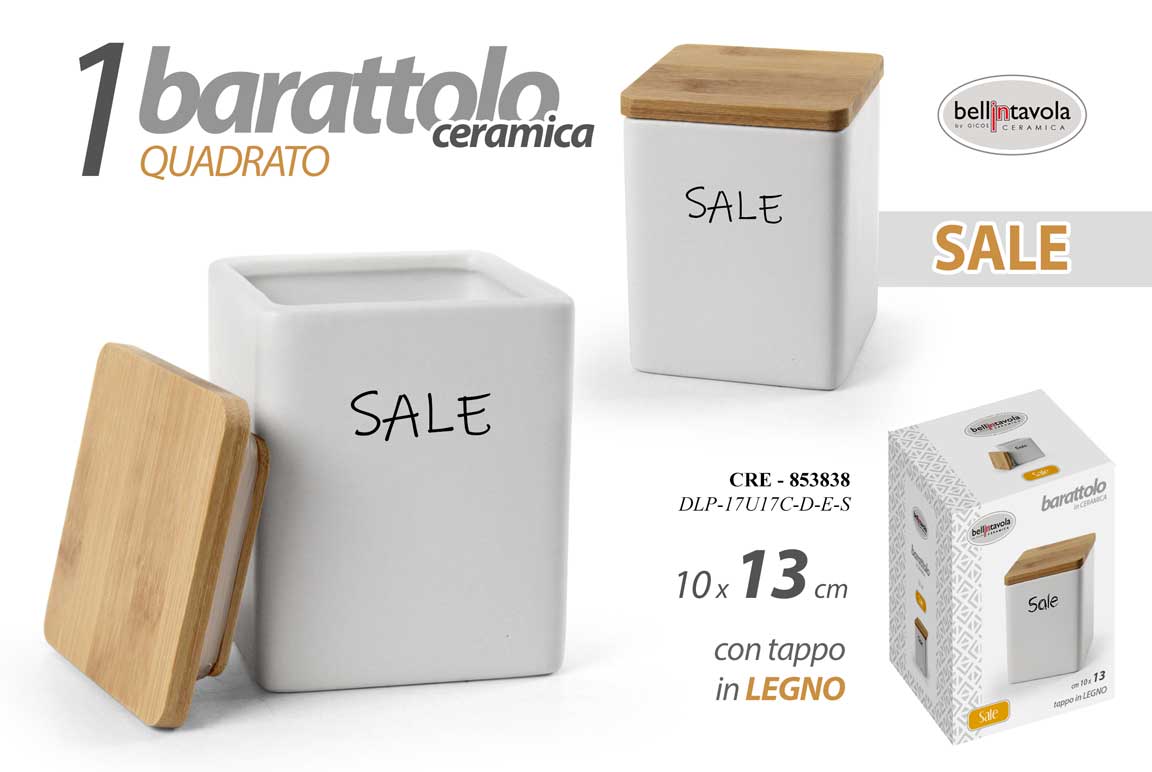 8025569853838 BARATTOLO SALE QUADRATO CERAMICA BIANCA TAPPO LEGNO ERMETICO MODERNO 13*10 cm - immagine 1