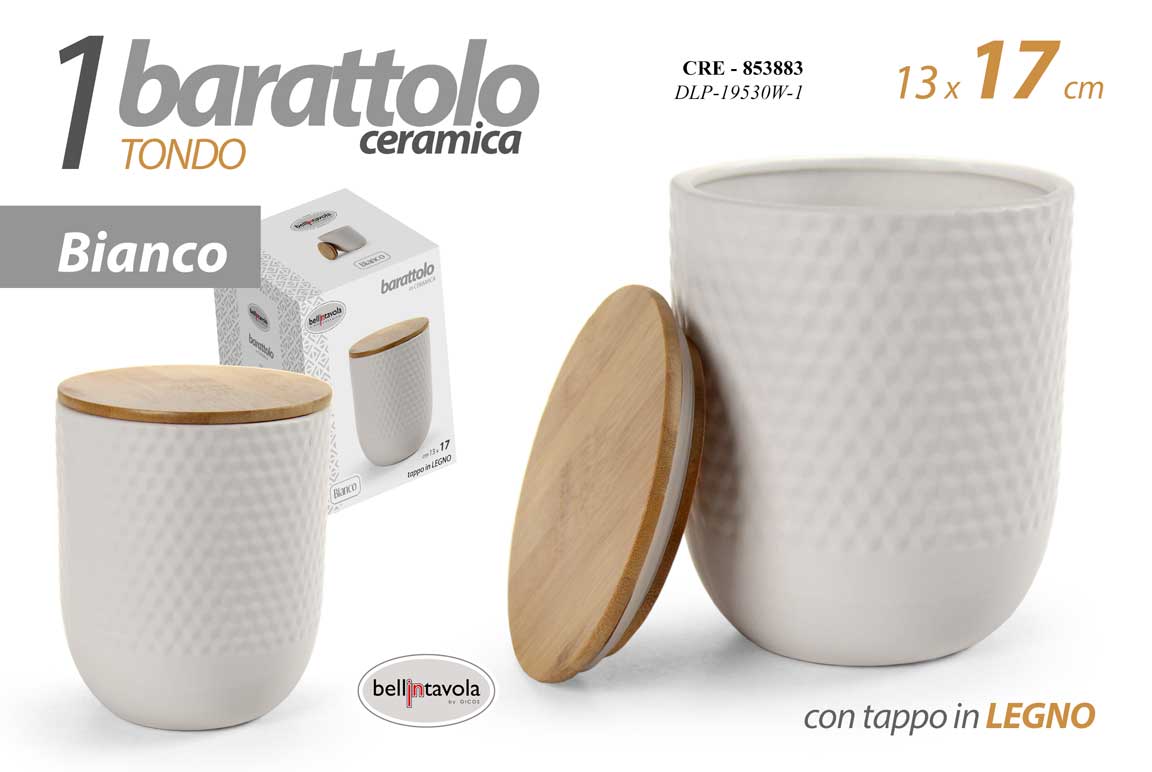 8025569853883 BARATTOLO CERAMICA BIANCA ERMETICO MODERNO TAPPO LEGNO CUCINA RILIEVO C 17*13 cm - immagine 1