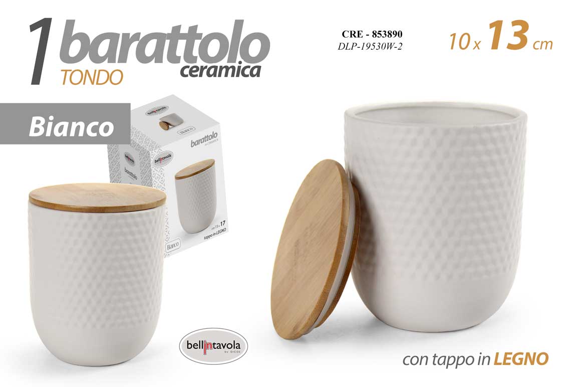 8025569853890 BARATTOLO CERAMICA BIANCA ERMETICO MODERNO TAPPO LEGNO CUCINA RILIEVO C 13*10 cm - immagine 1
