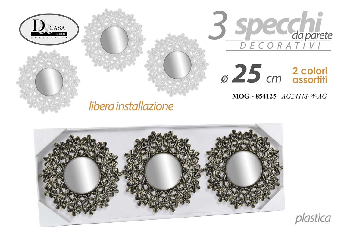 8025569854125 3 SPECCHI DA PARETE CLASSICO MODERNO ACRILICO SPECCHIO COLOR ASSORTITI 25 cm - immagine 1