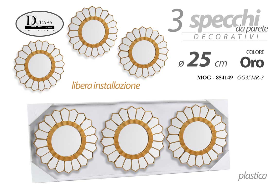 8025569854149 3 SPECCHI DA PARETE CLASSICO MODERNO ACRILICO SPECCHIO CHIC BIANCO ORO 25cm - immagine 1