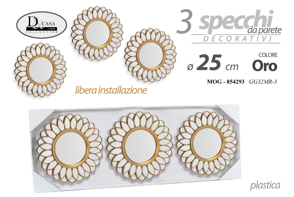 8025569854293 3 SPECCHI DA PARETE CLASSICO MODERNO ACRILICO SPECCHIO FIORI BIANCO ORO 25 cm - immagine 1