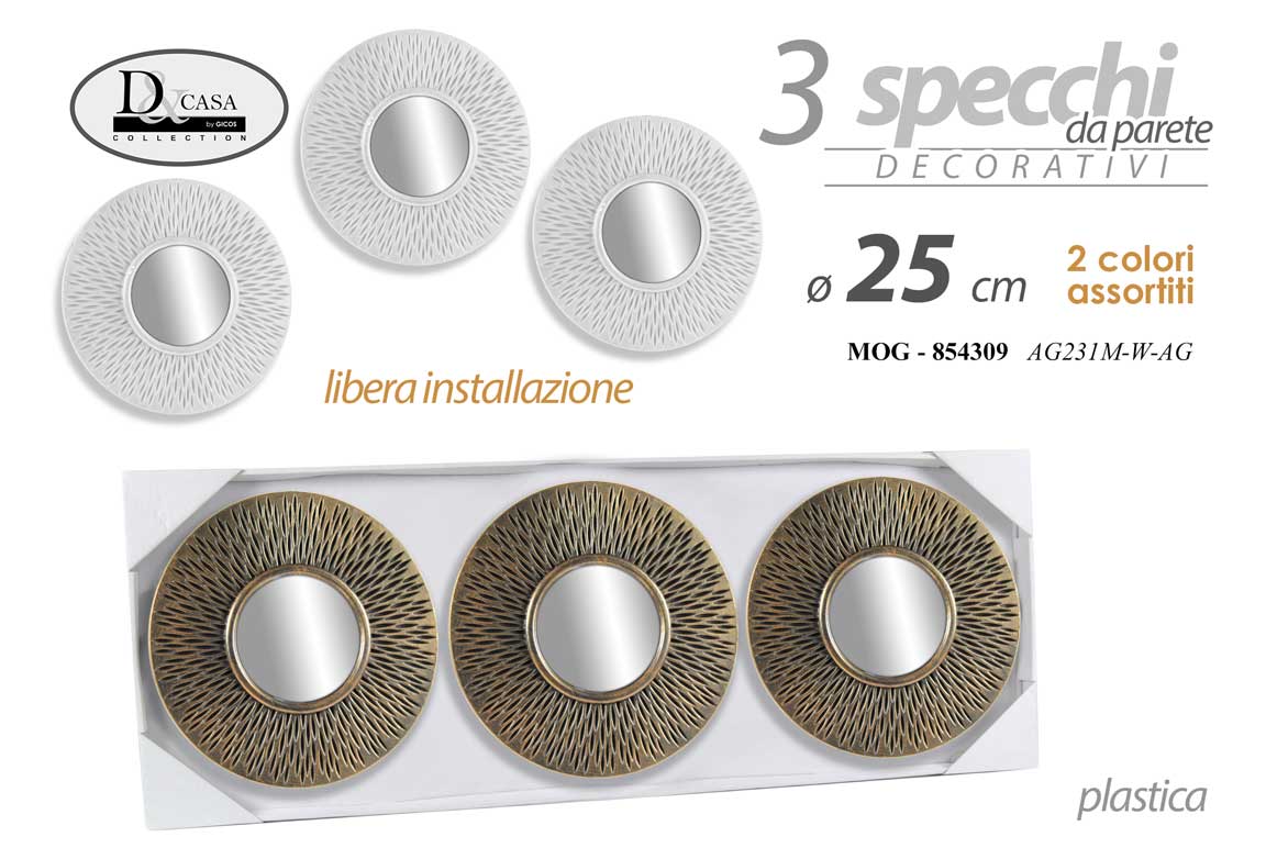 8025569854309 3 SPECCHI DA PARETE CLASSICO MODERNO ACRILICO SPECCHIO CHIC BIANCO RAME 25cm - immagine 1