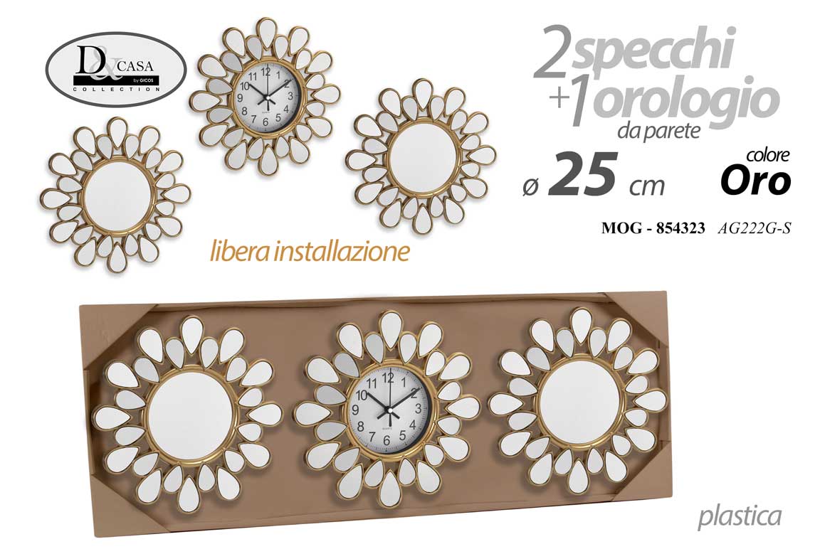 8025569854323 SET 3 SPECCHI OROLOGIO PARETE MURO SPECCHIO LIBERA INSTALLAZIONE COLOR ORO 25cm - immagine 1