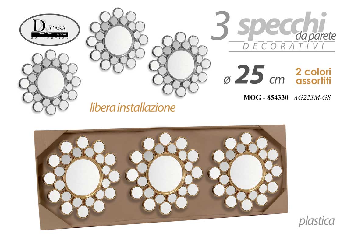 8025569854330 3 SPECCHI TONDI SPECCHIO DA PARETE CLASSICO MODERNO ACRILICO BIANCO ORO AS 25*25 - immagine 1