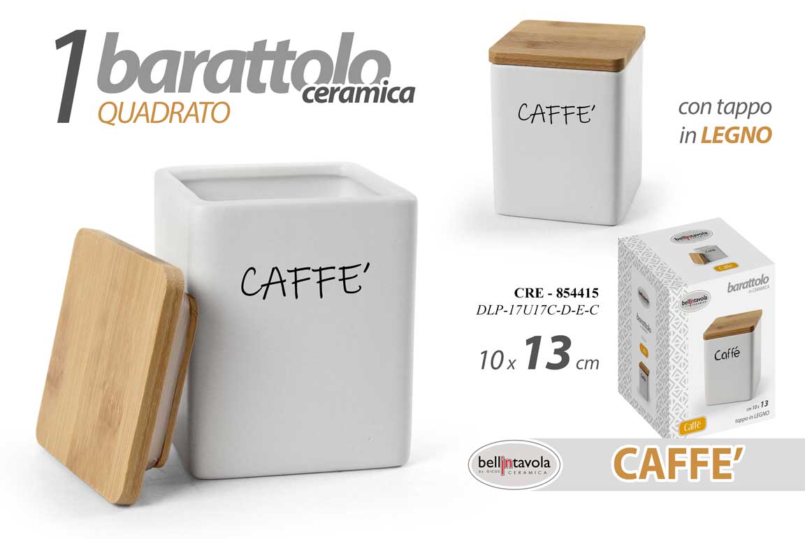 8025569854415 BARATTOLO CAFFè QUADRATO CERAMICA BIANCA TAPPO LEGNO ERMETICO MODERNO 13*10cm - immagine 1