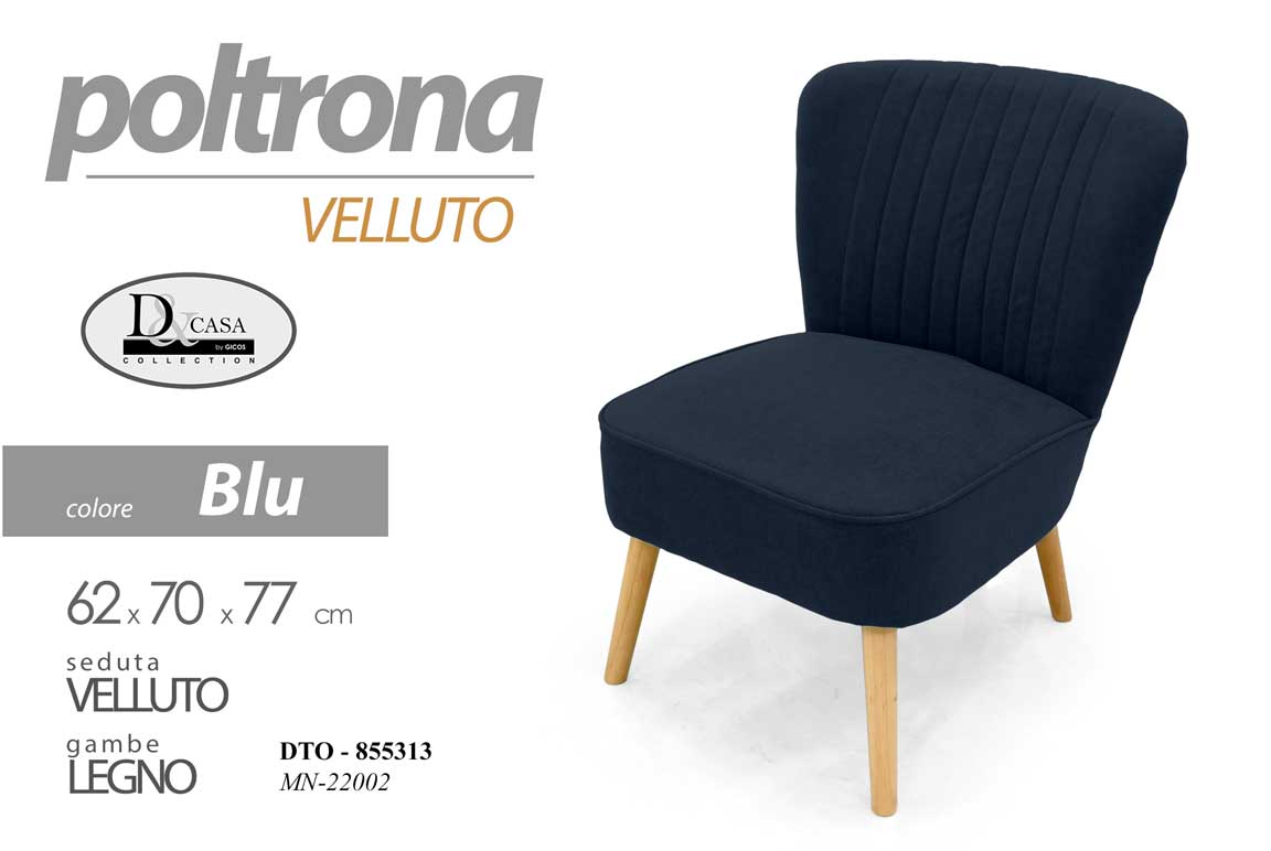 8025569855313 POLTRONA SEDIA VELLUTO BLU IMBOTTITA PIEDI LEGNO CLASSICA MODERNA 62*70*h77CM - immagine 1