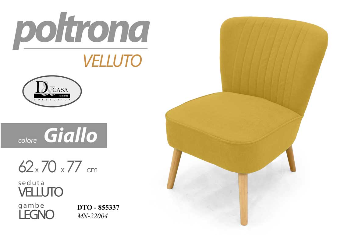 8025569855337 POLTRONA SEDIA VELLUTO GIALLA IMBOTTITA PIEDI LEGNO CLASSICA MODERNA 62*70*h77CM - immagine 1