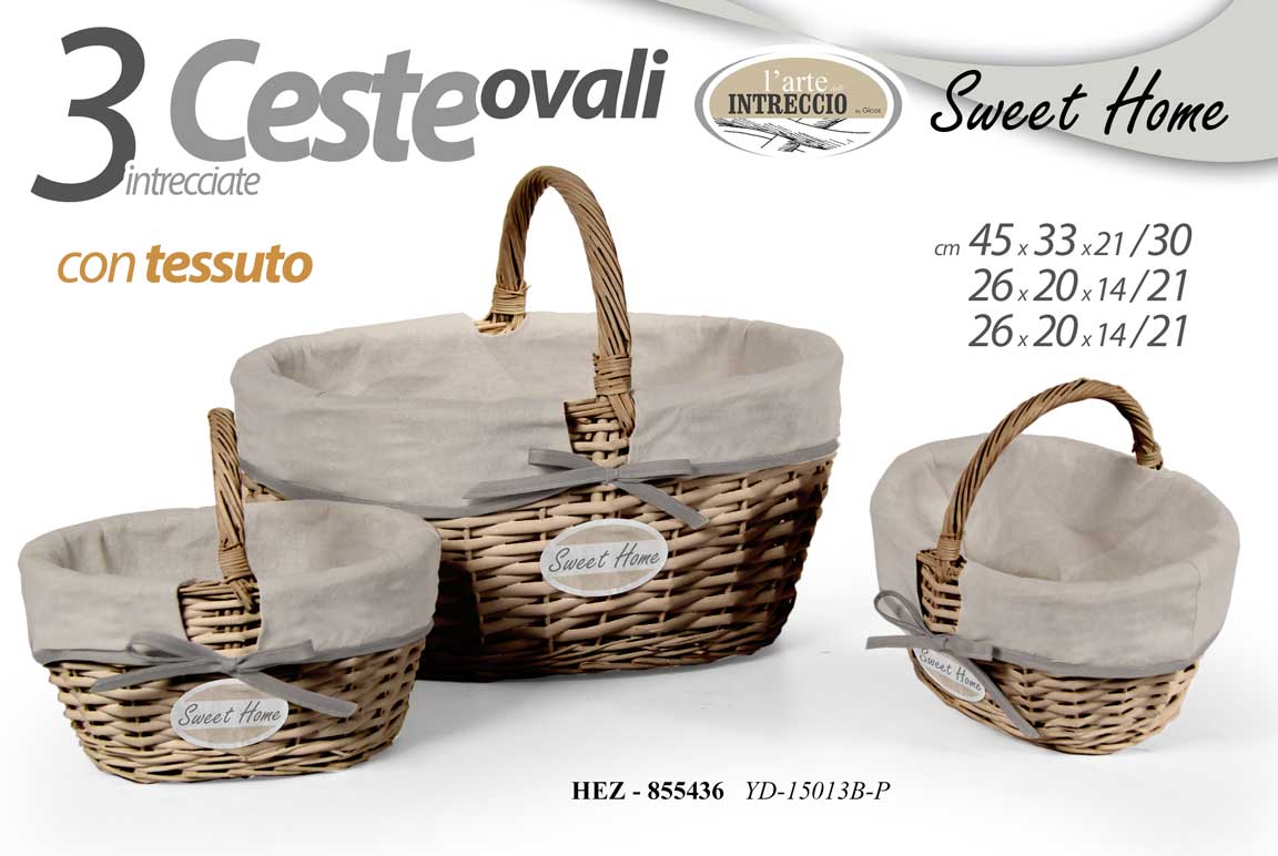 8025569855436 SET 3 CESTE OVALE VIMINI NATURA CON MANICO CESTA RIVESTIMENTO TESSUTO 45-26-26cm - immagine 1