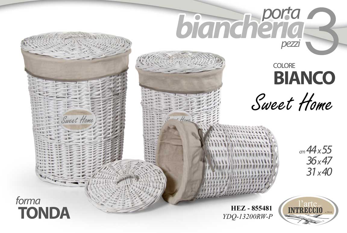 8025569855481 3 CESTE PORTABIANCHERIA CESTA VESTITI VIMINI RATTAN TESS TONDA BIANCO 55/47/40cm - immagine 1