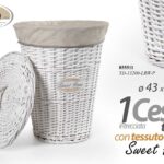 CESTA PORTABIANCHERIA ROTONDA TONDA VESTITI COPERCHIO VIMINI TESSUTO BIANCA 55cm