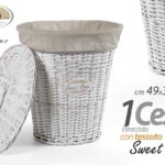 CESTA PORTABIANCHERIA RATTAN OVALE VESTITI COPERCHIO VIMINI TESSUTO BIANCA 55cm