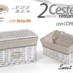 2 CESTINI VIMINI CON COPERCHIO RIV TESSUTO BAGNO SALOTTO PORTA OGGETTI 37-28 CM