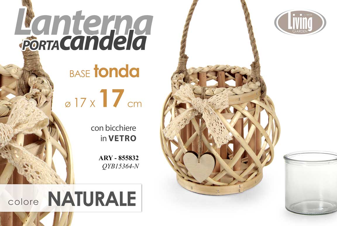 8025569855832 LANTERNA PORTACANDELA TEA LIGHT CUORE LEGNO NATURALE TONDA BICC VETRO 17*17 - immagine 1