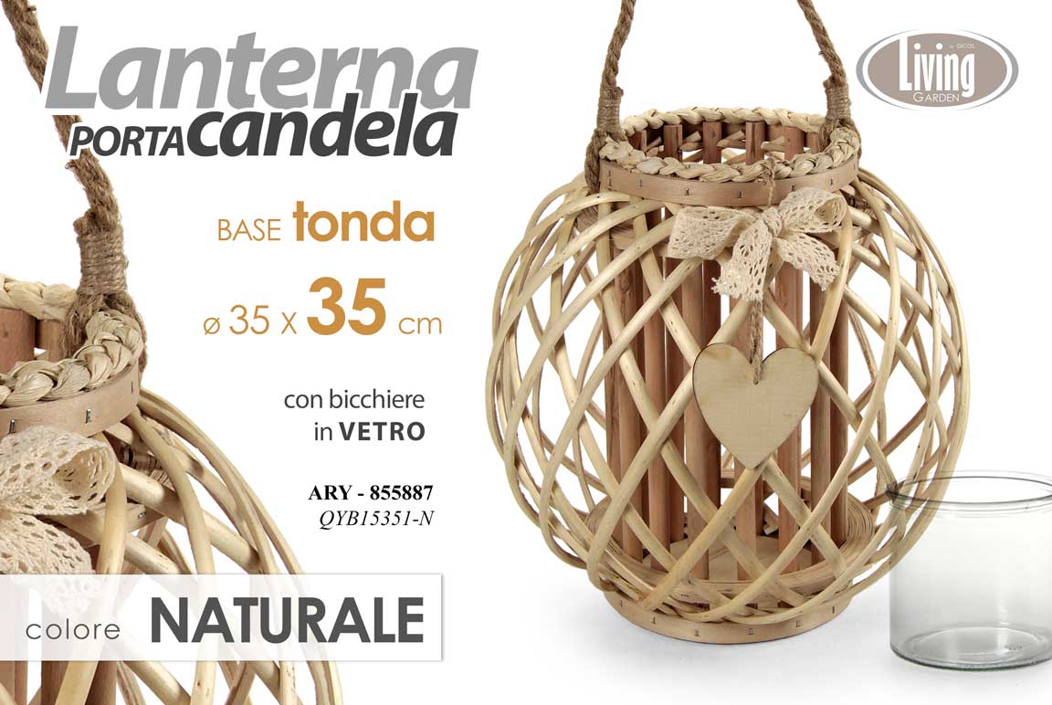 8025569855887 LANTERNA PORTACANDELA TEA LIGHT CUORE LEGNO NATURALE TONDA BICC VETRO 35*35 - immagine 1