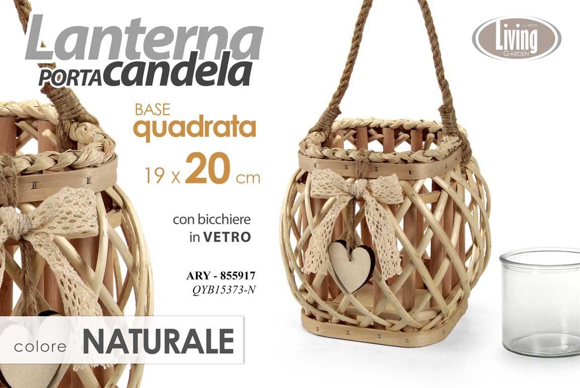 8025569855917 LANTERNA PORTACANDELA TEA LIGHT CUORE QUADRATA LEGNO NATURALE VETRO 20*19 CM - immagine 1