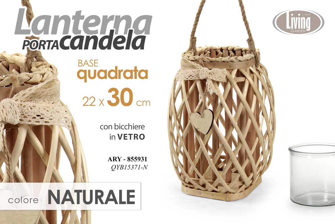 8025569855931 LANTERNA PORTACANDELA TEA LIGHT CUORE QUADRATA LEGNO NATURALE VETRO 30*22 - immagine 1