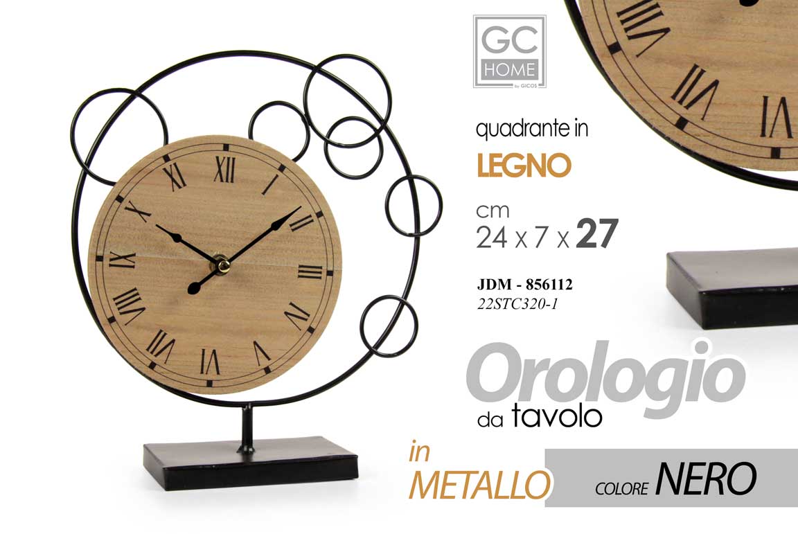 8025569856112 Orologio Tavolo APPOGGIO Comodino Moderno Vintage LEGNO Metallo NERO TONDO 27 cm - immagine 1
