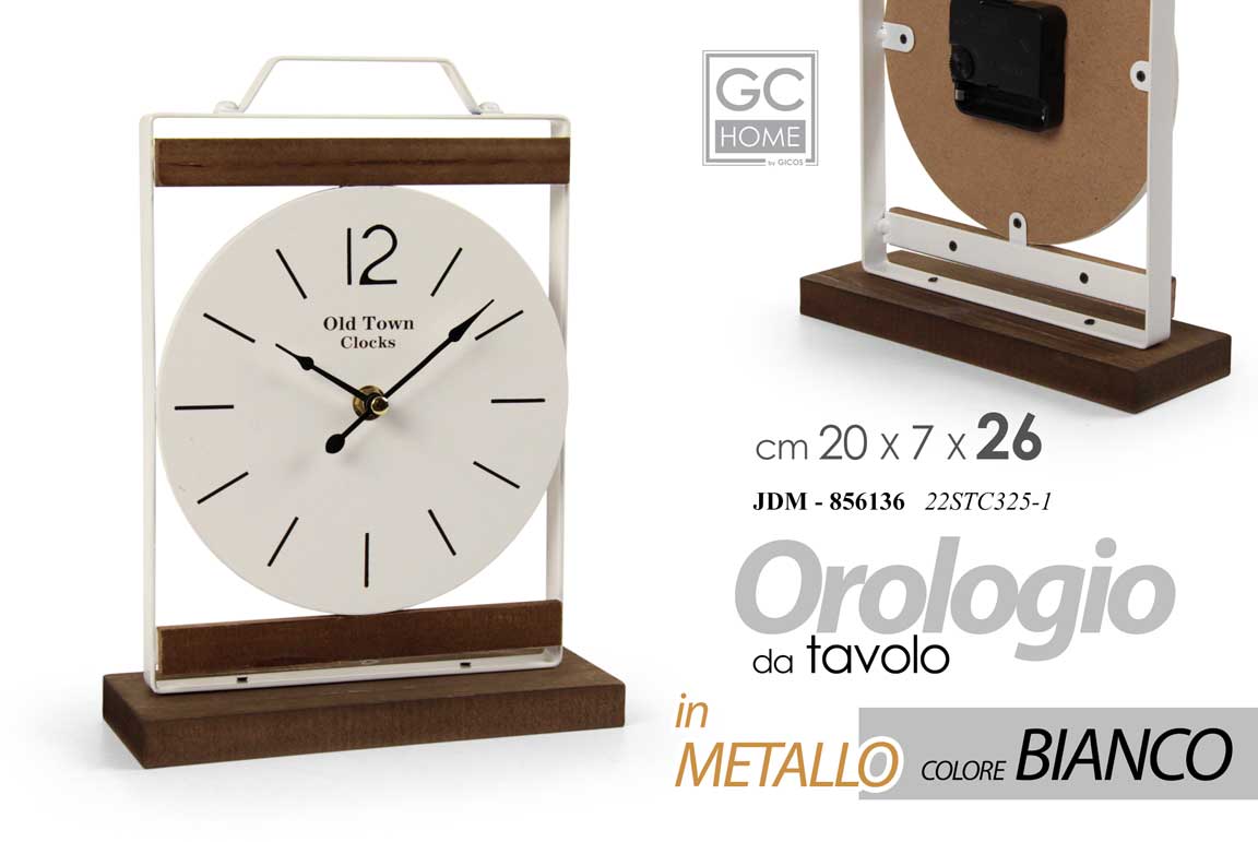 8025569856136 OROLOGIO DA TAVOLO BIANCO ELEGANTE METALLO LEGNO CLASSICO MODERNO 20*7*H26 cm - immagine 1