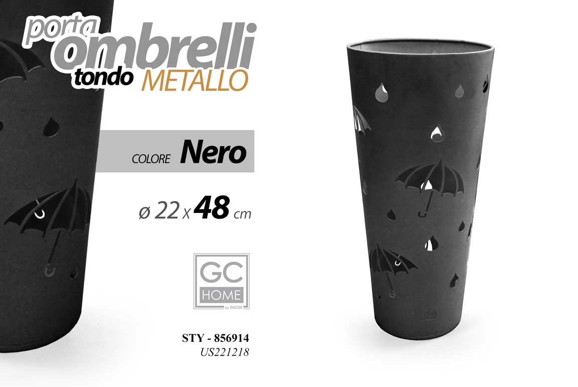 8025569856914 PORTAOMBRELLI TONDO METALLO Design CASA STUDIO MODERNO Salvagoccia NERO 48*22 - immagine 1