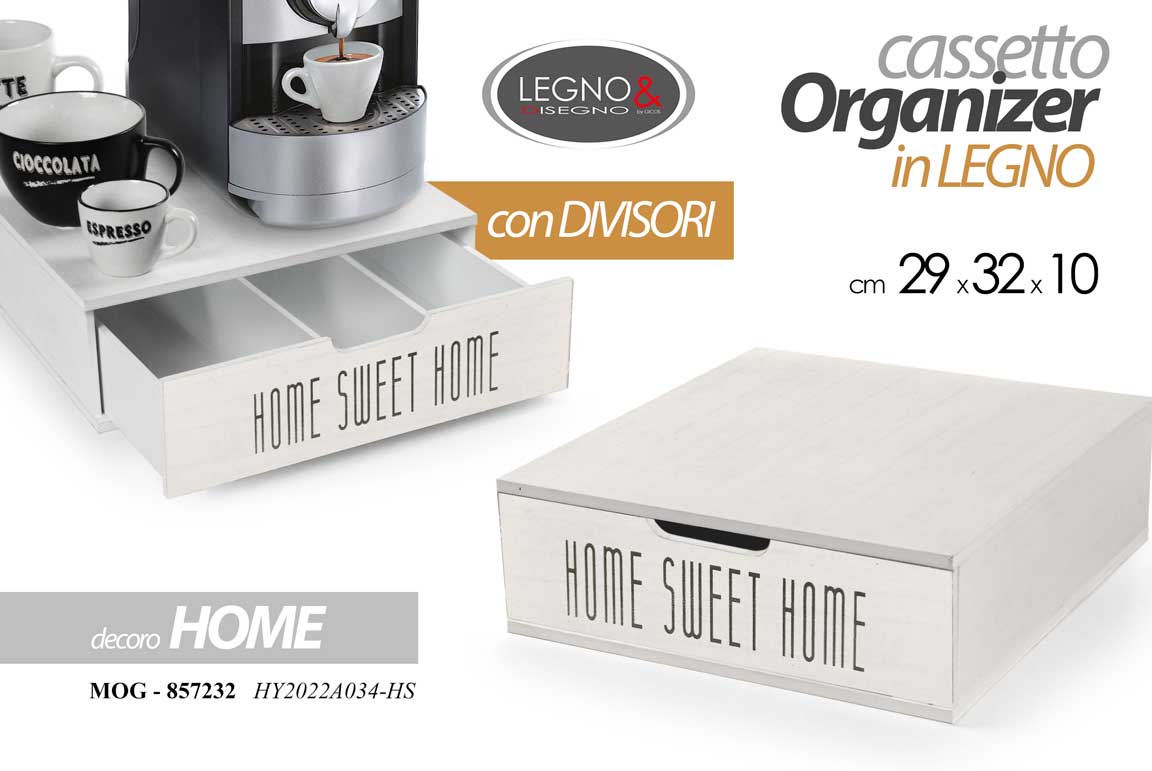 8025569857232 CONTENITORE PORTA CIALDE Capsule CAFFè 3 DIVIS CASSETTO ORGANIZER LEGNO 29*32*10 - immagine 1